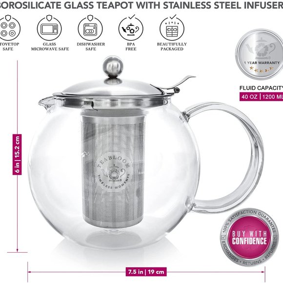 New 40 oz Teabloom Stovetop Kettle and Tea Steeper - Picture 3 of 3